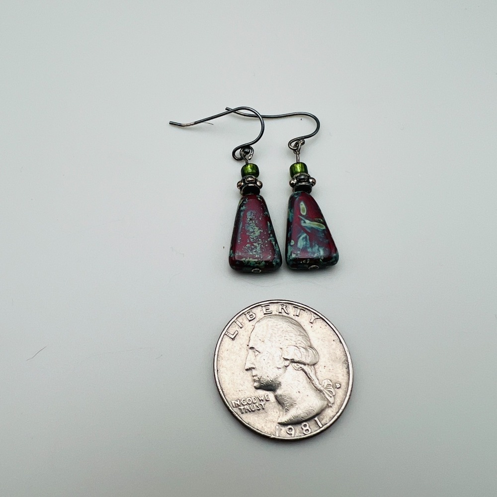 Dangle Earrings Iridescent Glass Drop Black Pink Green Artisan Boho Abstract - Picture 2 of 7